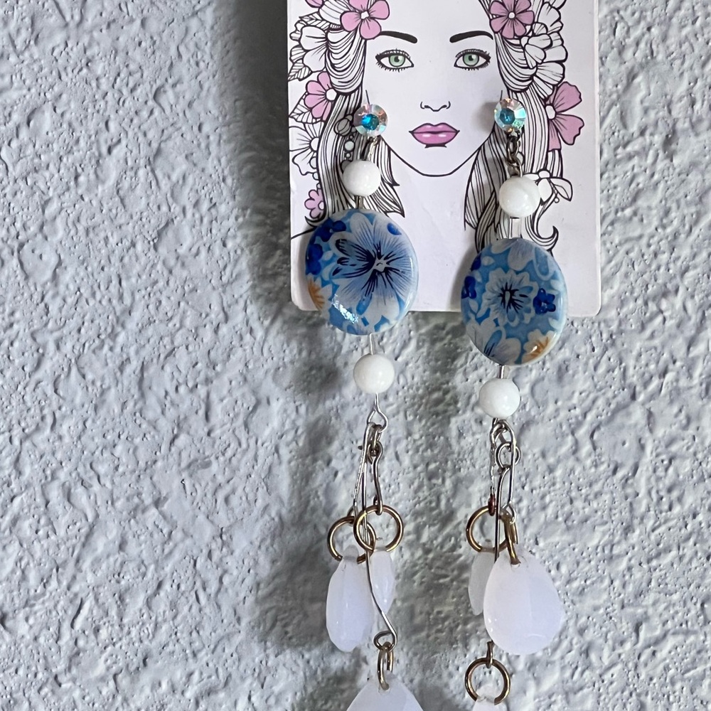 Floral Blue and White Dangle Earrings